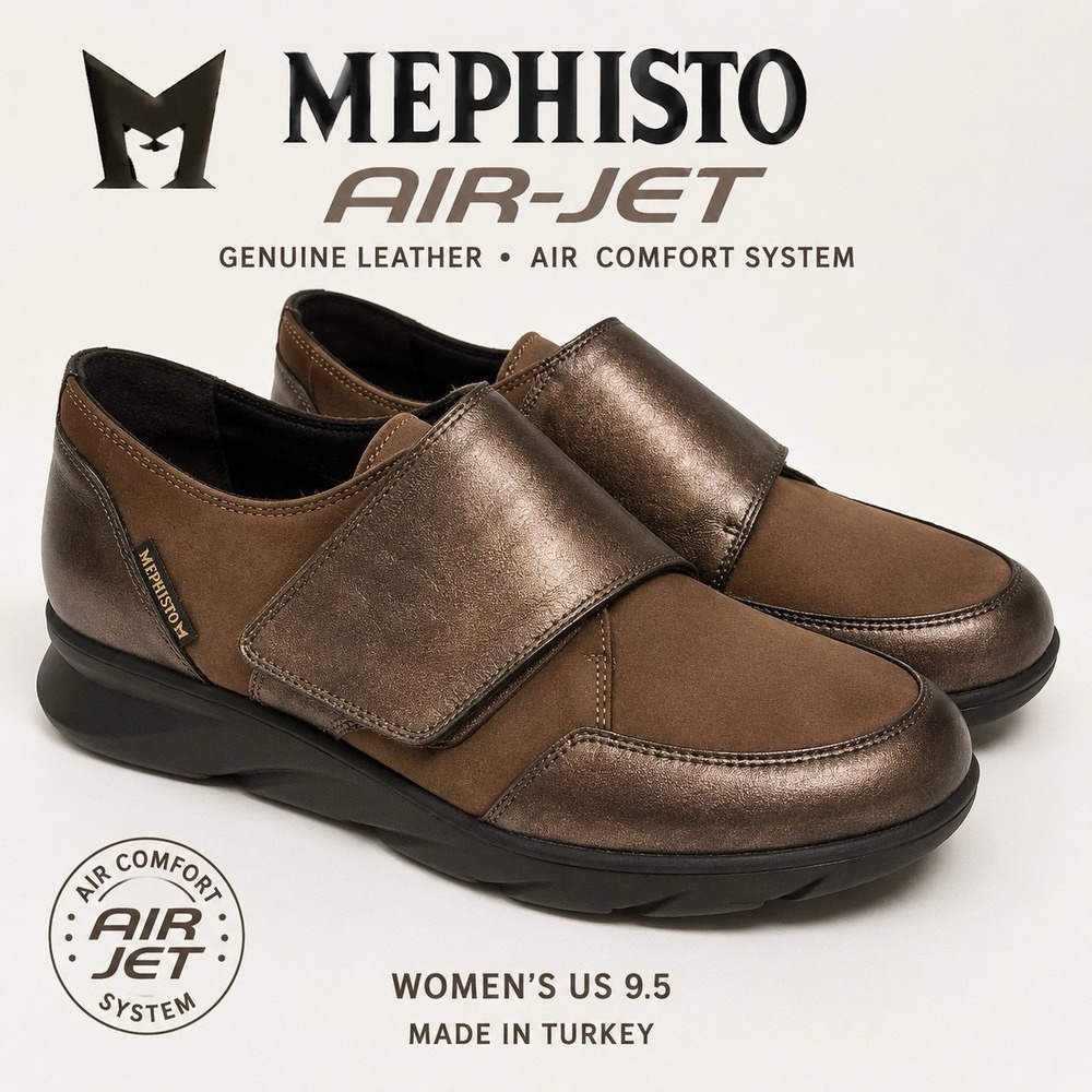 Mephisto Air Jet Leather Comfort Shoes Bronze Brown Hook Loop Womens US 9.5‎